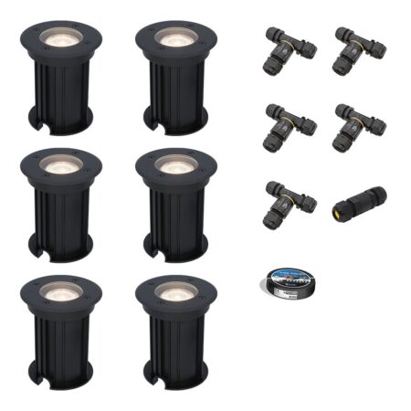 Set van 6 Maisy LED Grondspots Rond - Dimbaar - GU10 - 4000K neutraal wit - 4 Watt 345 Lumen - Rond - Ø12cm - Tuinspot - Oprit - Zwart - IP67 - Inclusief installatiemateriaal (Kabel & connector) | HOFTRONIC