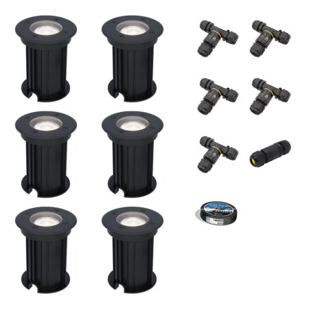 Set van 6 Maisy LED Grondspots Rond - Dimbaar - GU10 - 6500K daglicht wit - 4 Watt 345 Lumen - Rond - Ø12cm - Tuinspot - Oprit - Zwart - IP67 - Inclusief installatiemateriaal (Kabel & connector) | HOFTRONIC