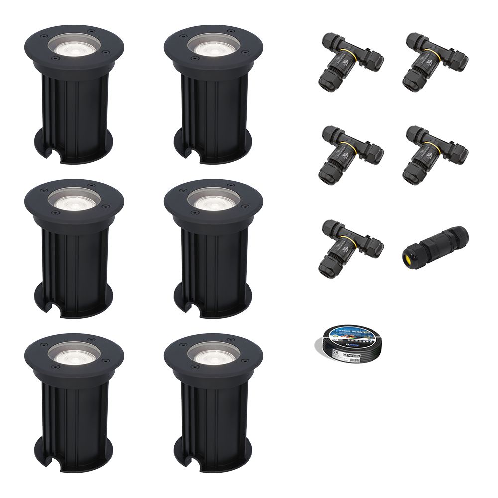 Set van 6 Maisy LED Grondspots Rond - Dimbaar - GU10 - 6500K daglicht wit - 4 Watt 345 Lumen - Rond - Ø12cm - Tuinspot - Oprit - Zwart - IP67 - Inclusief installatiemateriaal (Kabel & connector) | HOFTRONIC