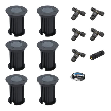 Set van 6 Maisy LED Grondspots Rond - Dimbaar - GU10 fitting - Rond - Ø12cm - Tuinspot - Oprit - Zwart - IP67 - Inclusief installatiemateriaal (Kabel & connector) | HOFTRONIC