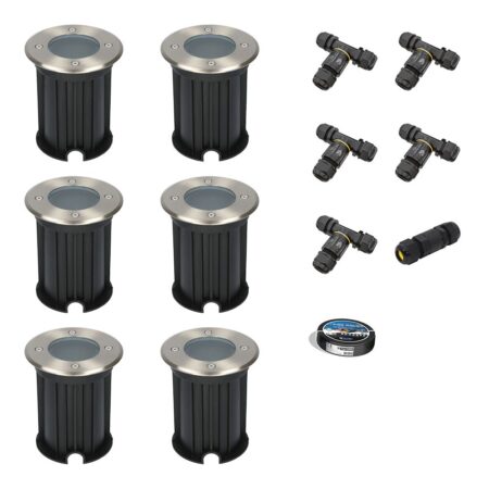 Set van 6 Maisy LED Grondspots - Rond - Ø12cm - RVS - GU10 fitting - Excl. lichtbron - IP67 waterdicht - Tuinspot - Oprit - Inclusief installatiemateriaal (Kabel & connector) | HOFTRONIC