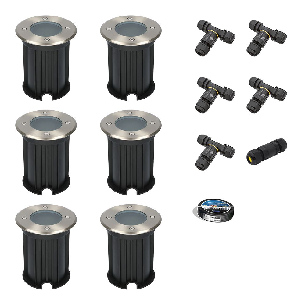 Set van 6 Maisy LED Grondspots - Rond - Ø12cm - RVS - GU10 fitting - Excl. lichtbron - IP67 waterdicht - Tuinspot - Oprit - Inclusief installatiemateriaal (Kabel & connector) | HOFTRONIC