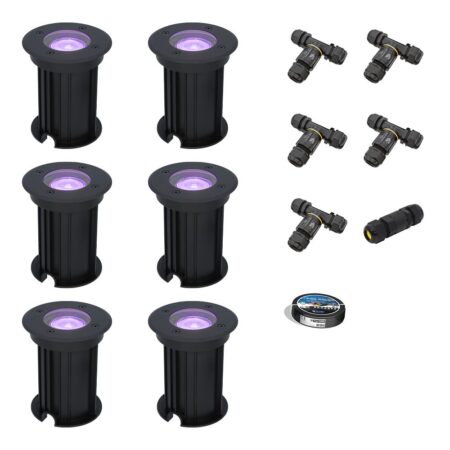 Set van 6 Maisy Smart Grondspots Rond - Ø12cm - 5.5 Watt 400 lumen - RGBWW - Wifi + Bluetooth - Bestuurbaar via app - IP67 - Google Home - Amazon Alexa - Zwart - Inclusief installatiemateriaal (Kabel & connector) | HOFTRONIC SMART