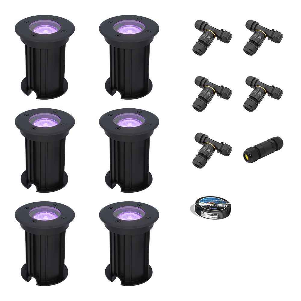 Set van 6 Maisy Smart Grondspots Rond - Ø12cm - 5.5 Watt 400 lumen - RGBWW - Wifi + Bluetooth - Bestuurbaar via app - IP67 - Google Home - Amazon Alexa - Zwart - Inclusief installatiemateriaal (Kabel & connector) | HOFTRONIC SMART