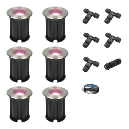 Set van 6 Maisy Smart Grondspots Rond - Ø12cm - 5.5 Watt 400 lumen - RGBWW - Wifi + Bluetooth - Bestuurbaar via app - IP67 waterdicht - Google Home - Amazon Alexa - RVS - Inclusief installatiemateriaal (Kabel & connector) | HOFTRONIC SMART