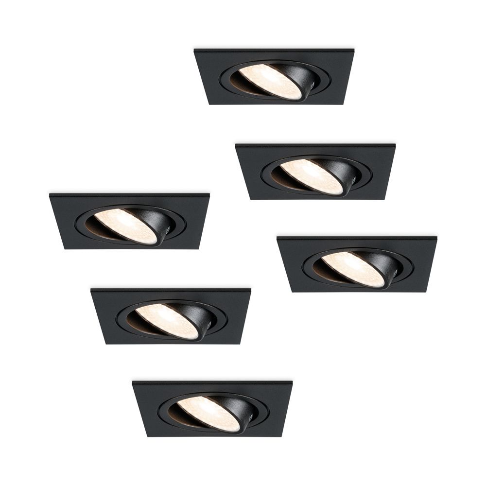 Set van 6 Mallorca LED inbouwspot - IP20 - Kantelbaar - 4 Watt 345 Lumen - 4000K Neutraal wit - GU10 - Dimbaar - Vierkant - Voor binnen - Zwart | HOFTRONIC