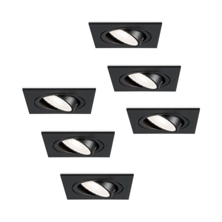 Set van 6 Mallorca LED inbouwspot - IP20 - Kantelbaar - 4 Watt 345 Lumen - 6500K Daglicht wit - GU10 - Dimbaar - Vierkant - Voor binnen - Zwart | HOFTRONIC