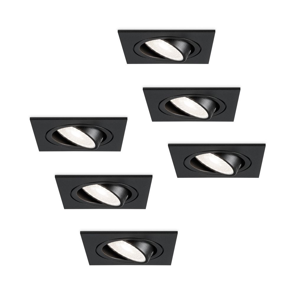 Set van 6 Mallorca LED inbouwspot - IP20 - Kantelbaar - 4 Watt 345 Lumen - 6500K Daglicht wit - GU10 - Dimbaar - Vierkant - Voor binnen - Zwart | HOFTRONIC