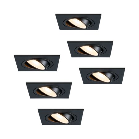 Set van 6 Mallorca LED inbouwspot - IP20 - Kantelbaar - 4 Watt 345 lumen - 2700K warm wit - GU10 - Dimbaar - Vierkant - Voor binnen - Zwart | HOFTRONIC