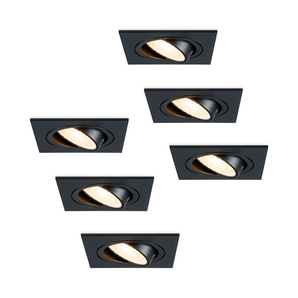 Set van 6 Mallorca LED inbouwspot - IP20 - Kantelbaar - 4 Watt 345 lumen - 2700K warm wit - GU10 - Dimbaar - Vierkant - Voor binnen - Zwart | HOFTRONIC