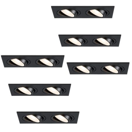 Set van 6 Mallorca LED inbouwspot - IP20 - Kantelbaar - 8 Watt 690 Lumen - 4000K Neutraal wit - Dubbel - GU10 - Dimbaar - Rechthoek - Voor binnen - Zwart | HOFTRONIC
