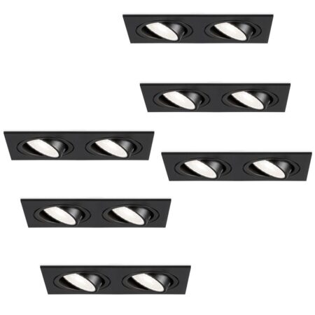 Set van 6 Mallorca LED inbouwspot - IP20 - Kantelbaar - 8 Watt 690 Lumen - 6500K Daglicht wit - Dubbel - GU10 - Dimbaar - Rechthoek - Voor binnen - Zwart | HOFTRONIC