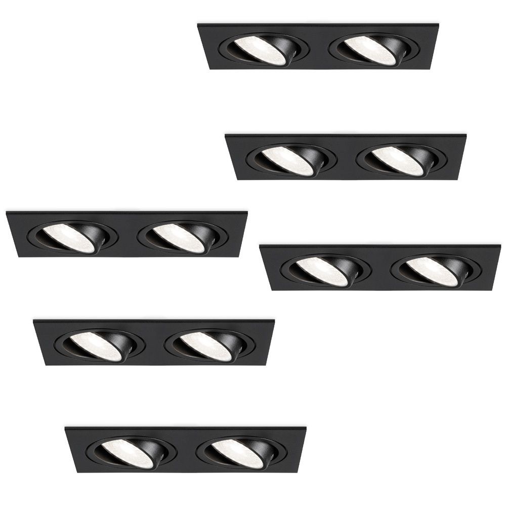 Set van 6 Mallorca LED inbouwspot - IP20 - Kantelbaar - 8 Watt 690 Lumen - 6500K Daglicht wit - Dubbel - GU10 - Dimbaar - Rechthoek - Voor binnen - Zwart | HOFTRONIC