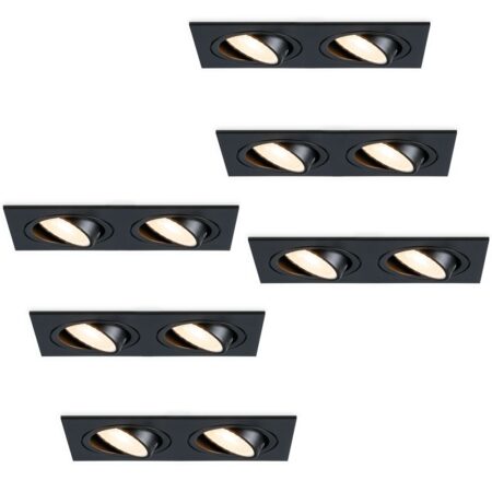 Set van 6 Mallorca LED inbouwspot - IP20 - Kantelbaar - 8 watt 690 lumen - 2700K Warm wit - Dubbel - GU10 - Dimbaar - Rechthoek - Voor binnen - Zwart | HOFTRONIC