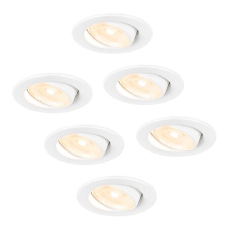 Set van 6 Malta LED inbouwspots - 5 Watt 400 lumen - 2700K warm wit - Dimbaar - Rond - Kantelbaar - IP44 waterdicht - Wit - Incl. Quick Connector box | HOFTRONIC