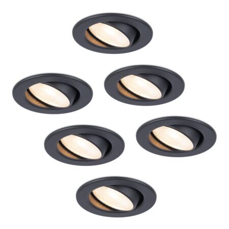 Set van 6 Malta LED inbouwspots - 5 Watt 400 lumen - 2700K warm wit - Dimbaar - Rond - Kantelbaar - IP44 waterdicht - Zwart - Incl. Quick Connector box | HOFTRONIC