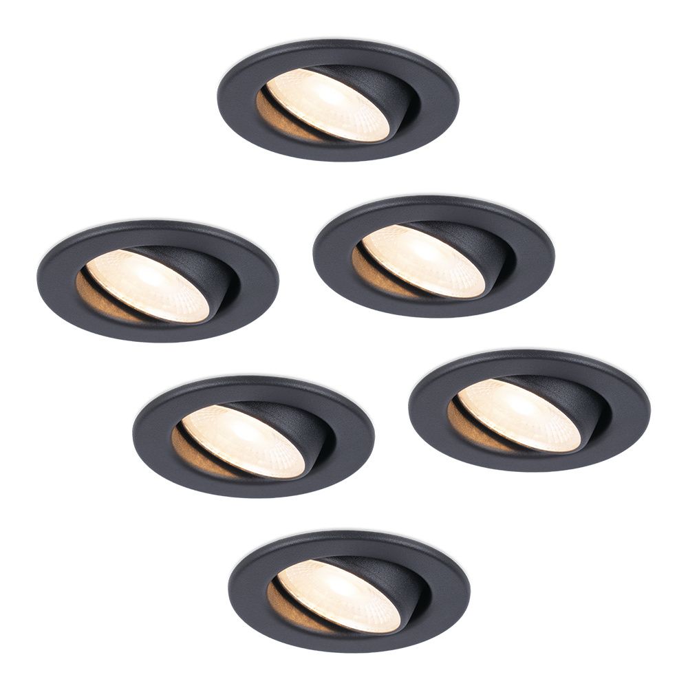 Set van 6 Malta LED inbouwspots - 5 Watt 400 lumen - 2700K warm wit - Dimbaar - Rond - Kantelbaar - IP44 waterdicht - Zwart - Incl. Quick Connector box | HOFTRONIC