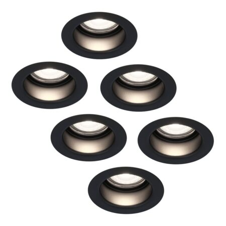 Set van 6 Mari LED inbouwspots verzonken - 4 Watt 345 Lumen - 6500K daglicht wit - GU10 - Dimbaar - Rond - IP64 Waterdicht - Zwart - Anti-glare | HOFTRONIC