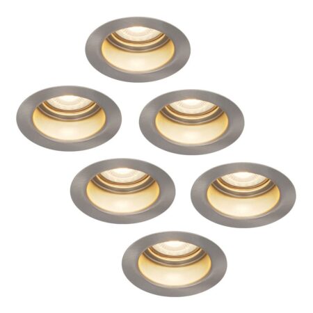 Set van 6 Mari - LED platte inbouwspots met lage inbouwdiepte - 6 Watt 570 Lumen - 2700K Warm wit - GU10 LED Module - Verzonken - Dimbaar - Rond - IP65 waterdicht - RVS | HOFTRONIC