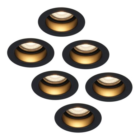 Set van 6 Mari - LED platte inbouwspots met lage inbouwdiepte - 6 Watt 570 Lumen - 2700K Warm wit - GU10 LED Module - Verzonken - Dimbaar - Rond - IP65 waterdicht - Zwart | HOFTRONIC