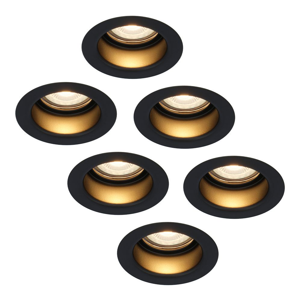 Set van 6 Mari - LED platte inbouwspots met lage inbouwdiepte - 6 Watt 570 Lumen - 2700K Warm wit - GU10 LED Module - Verzonken - Dimbaar - Rond - IP65 waterdicht - Zwart | HOFTRONIC