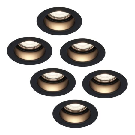 Set van 6 Mari - LED platte inbouwspots met lage inbouwdiepte - 6 Watt 570 Lumen - 4000K Neutraal wit - GU10 LED Module - Verzonken - Dimbaar - Rond - IP65 waterdicht - Zwart | HOFTRONIC