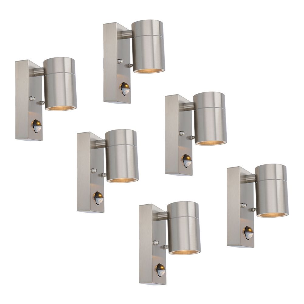Set van 6 Mason Wandlampen - 2700K Warm Wit - Bewegingssensor en Schemerschakelaar - RVS - IP44 Waterdicht - Wandspot voor binnen en buiten | HOFTRONIC