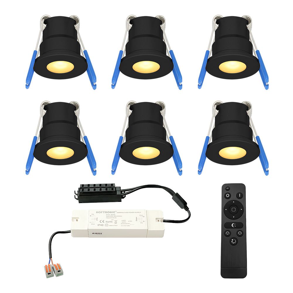 Set van 6 Milano LED Mini Inbouwspots met trafo - 12 Volt 3 Watt 200 lumen - Dimbaar - Plat 34mm - 2700K - IP65 waterdicht - Zwart - Veranda Spotjes - Overkapping Spotjes | HOFTRONIC