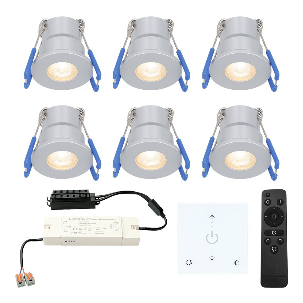 Set van 6 Milano LED Mini Inbouwspots met trafo en muurdimmer - 12 Volt 3 Watt 200 lumen - Dimbaar - Plat 34mm - 2700K - IP65 waterdicht - Grijs | HOFTRONIC