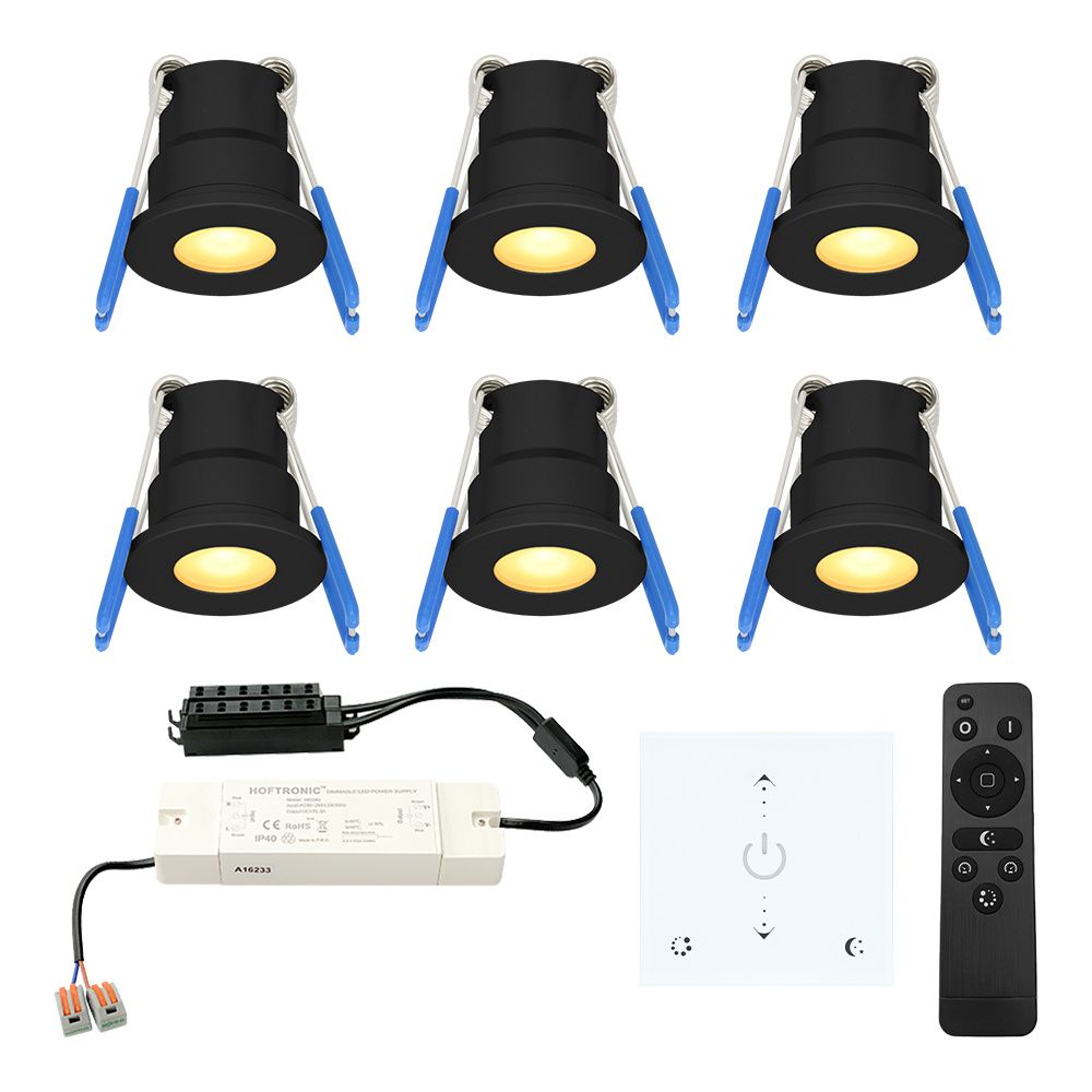 Set van 6 Milano LED Mini Inbouwspots met trafo en muurdimmer - 12 Volt 3 Watt 200 lumen - Dimbaar - Plat 34mm - 2700K - IP65 waterdicht - Zwart | HOFTRONIC