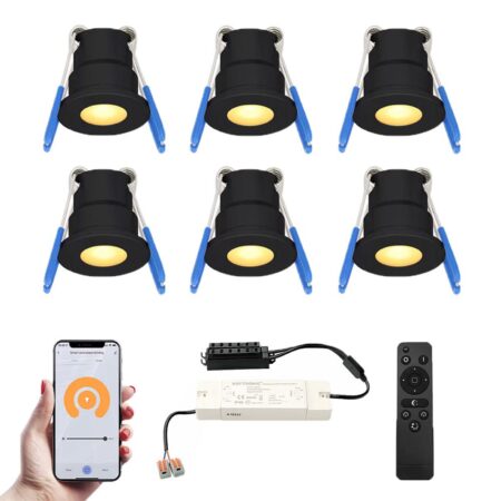 Set van 6 Milano Smart LED Mini Inbouwspots - Veranda spots - 12V 3W 200lm - Dimbaar - Wifi & Bluetooth - 2700K - IP65 waterdicht - Zwart | HOFTRONIC