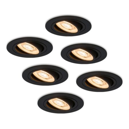 Set van 6 Miro LED inbouwspots - 6W 570lm - Extra plat - GU10 LED Module - 2700K warm wit - Dimbaar - Kantelbaar - Voor binnen - Zwart | HOFTRONIC
