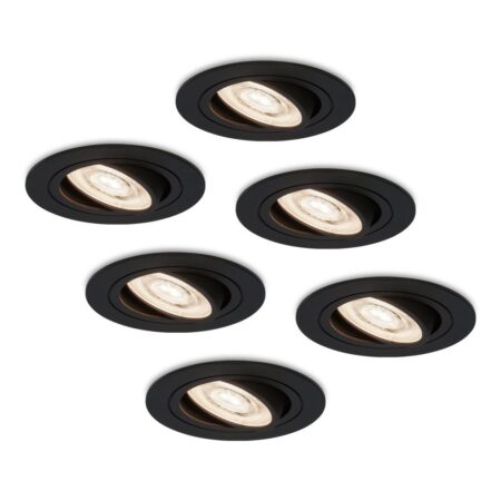 Set van 6 Miro LED inbouwspots - 6W 570lm - GU10 LED Module - Extra plat - 4000K neutraal wit - Dimbaar - Kantelbaar - Voor binnen - Zwart | HOFTRONIC