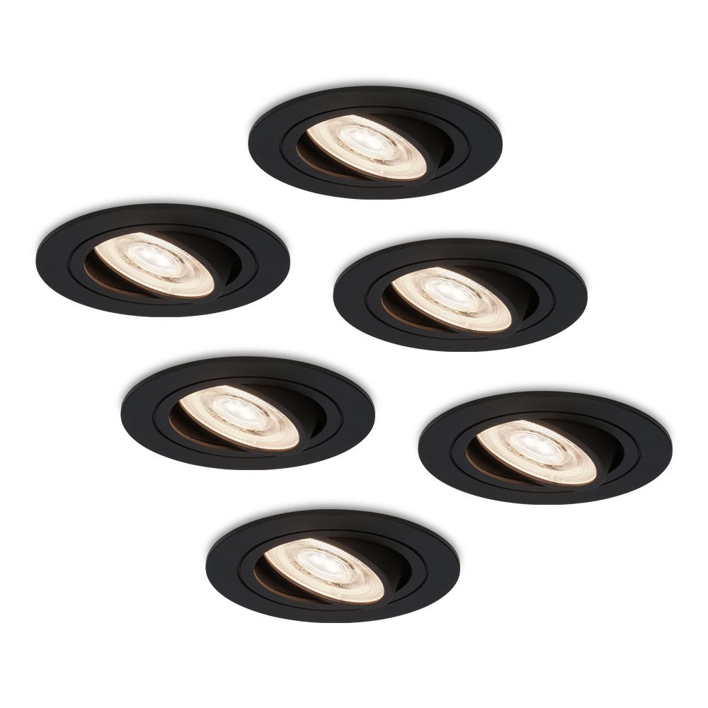 Set van 6 Miro LED inbouwspots - 6W 570lm - GU10 LED Module - Extra plat - 4000K neutraal wit - Dimbaar - Kantelbaar - Voor binnen - Zwart | HOFTRONIC