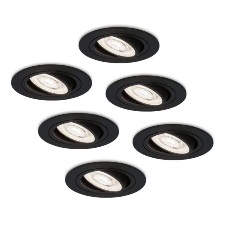 Set van 6 Miro LED inbouwspots - Extra plat 58mm - GU10 LED Module - 6000K daglicht wit - Dimbaar - Rond - Kantelbaar - Voor binnen - Zwart | HOFTRONIC
