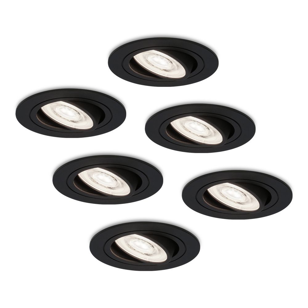 Set van 6 Miro LED inbouwspots - Extra plat 58mm - GU10 LED Module - 6000K daglicht wit - Dimbaar - Rond - Kantelbaar - Voor binnen - Zwart | HOFTRONIC
