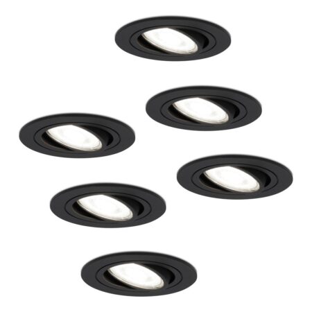 Set van 6 Miro LED inbouwspots - GU10 4 Watt 345 Lumen - 6500K Daglicht wit - Dimbaar - Rond - Kantelbaar - IP20 Voor binnen - Zwart | HOFTRONIC