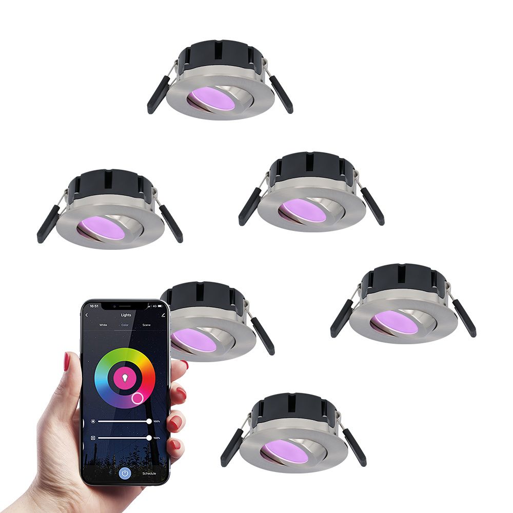 Set van 6 Napels smart inbouwspots - IP65 Waterdicht - 8 Watt 600 Lumen - Kantelbaar - Wifi + Bluetooth - RGBWW - Google Home