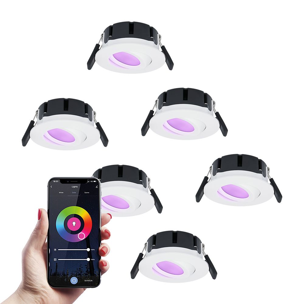 Set van 6 Napels smart inbouwspots - IP65 Waterdicht - 8 Watt 600 Lumen - Kantelbaar - Wifi + Bluetooth - RGBWW - Google Home