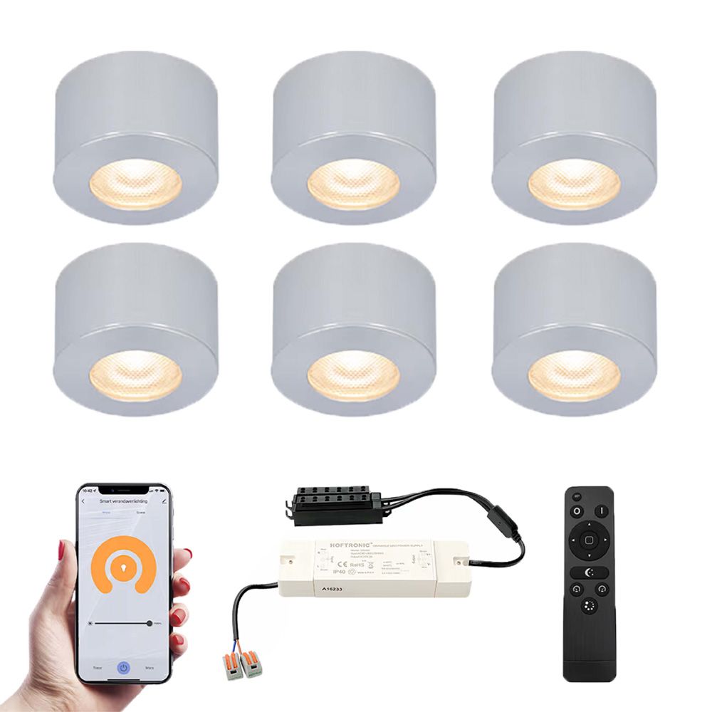 Set van 6 Navarra Smart LED Mini opbouwspots - Veranda spots - 12V 3W 200lm - Dimbaar - Wifi & Bluetooth - 2700K - IP44 waterdicht - RVS | HOFTRONIC