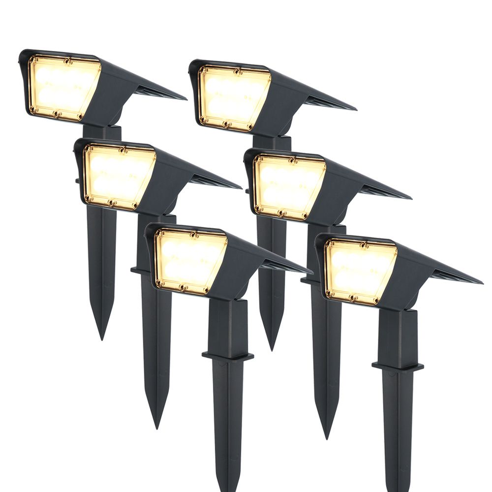 Set van 6 Odessa solar prikspots - Incl. Schemerschakelaar - 3000K warm wit - 2 lichtstanden - 300 lumen - 6-12 uur brandtijd - Kantelbaar - IP65 waterdicht | HOFTRONIC