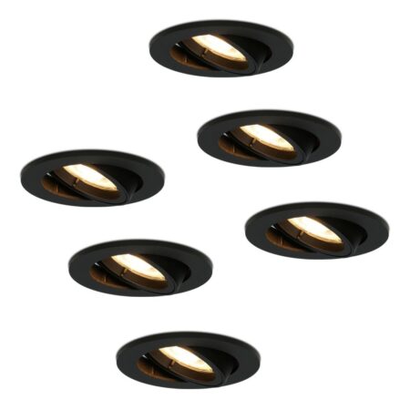 Set van 6 Oslo LED inbouwspots - 4 Watt 345 lumen - 2700K Warm wit - GU10 - Dimbaar - Rond - Kantelbaar - IP20 voor binnen - Zwart | HOFTRONIC
