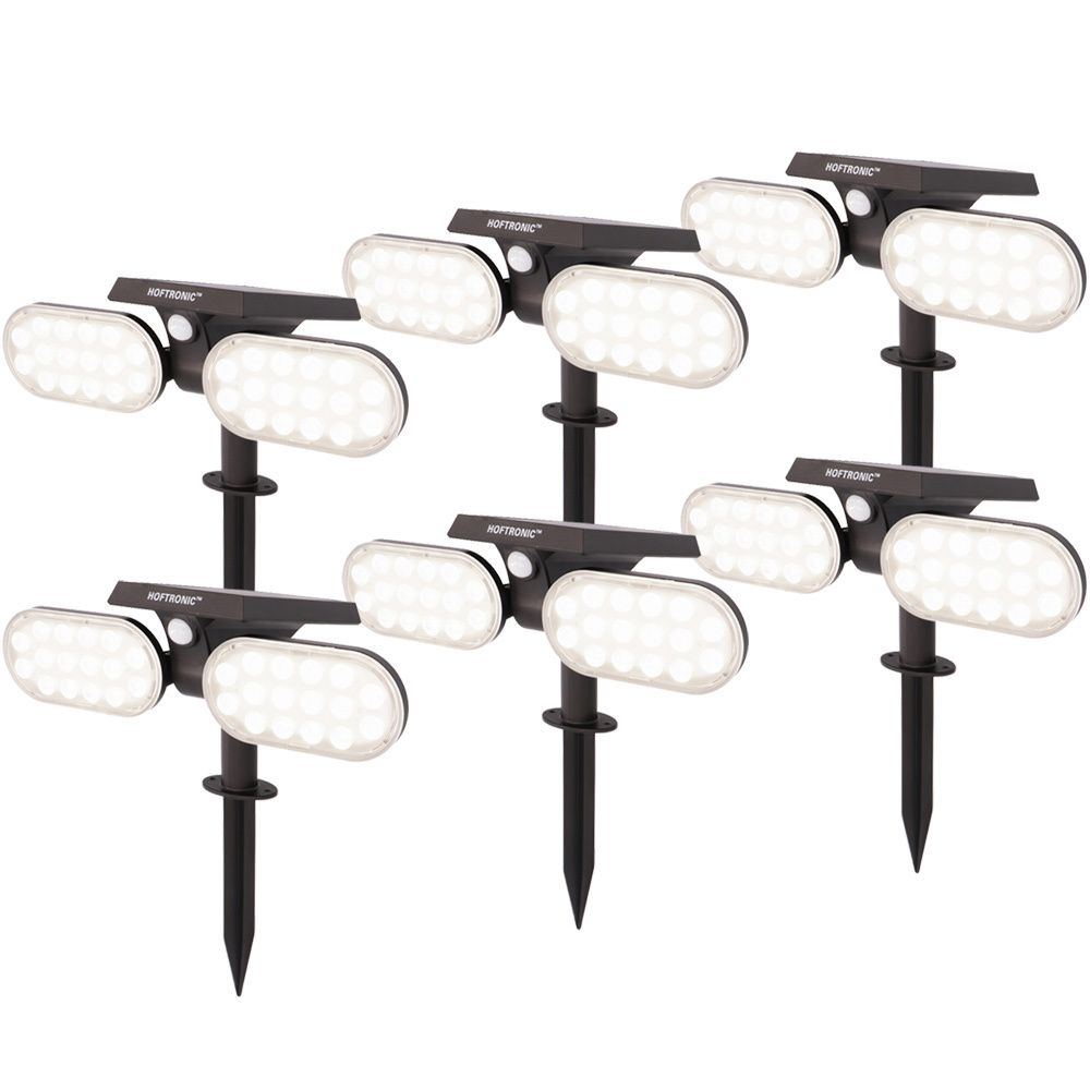 Set van 6 Pato - Solar prikspot - Bewegingssensor en schemerschakelaar - PIR - 6000K Daglicht wit - 2 lichtstanden - 300 Lumen - 6-12 uur brandtijd - IP65 waterdicht - Tuinspot | HOFTRONIC