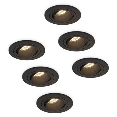 Set van 6 Philadelphia LED inbouwspots - Dimbaar - Excl. GU10 - Max. 5 Watt - Zwart - Kantelbaar - IP20 Voor Binnen - Rond | HOFTRONIC