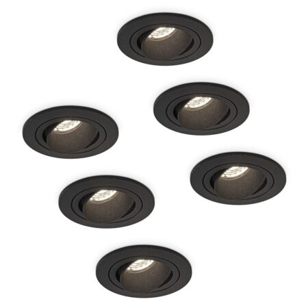 Set van 6 Philadelphia LED inbouwspots - Dimbaar - Incl. GU10 - 4000K - 4 Watt - Zwart - Kantelbaar - IP20 voor binnen - Rond | HOFTRONIC