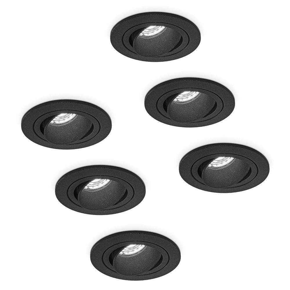 Set van 6 Philadelphia LED inbouwspots - Dimbaar - Incl. GU10 - 6500K - 4 Watt - Zwart - Kantelbaar - IP20 voor binnen - Rond | HOFTRONIC