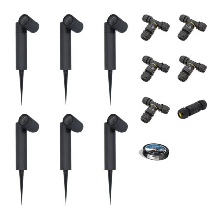 Set van 6 Pinero Dimbare LED prikspot - GU10 - Kantelbaar - Dimbaar - Tuinspot - Pinspot - IP65 Waterdicht - Zwart- Inclusief installatiemateriaal (Kabel & connector) | HOFTRONIC