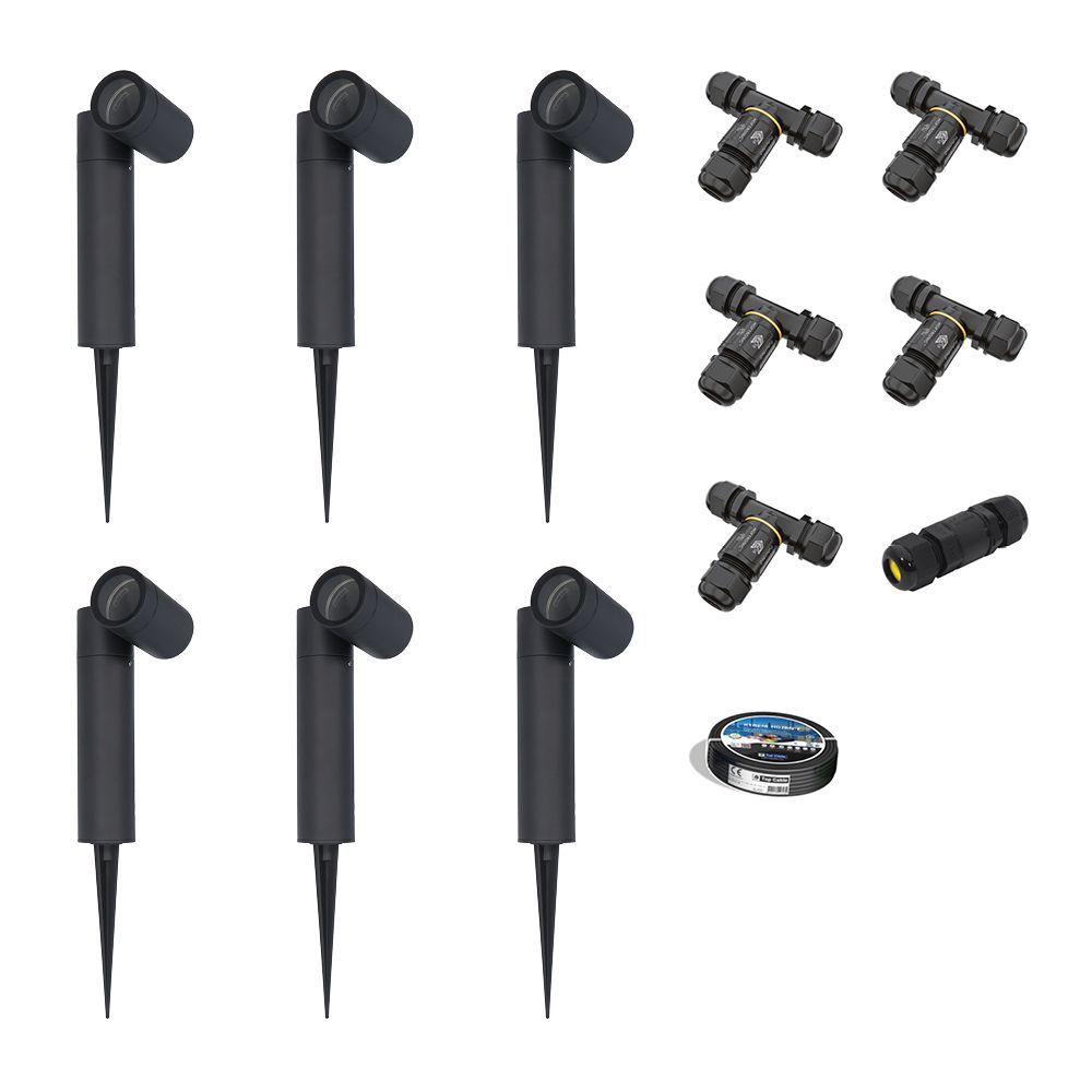 Set van 6 Pinero Dimbare LED prikspot - GU10 - Kantelbaar - Dimbaar - Tuinspot - Pinspot - IP65 Waterdicht - Zwart- Inclusief installatiemateriaal (Kabel & connector) | HOFTRONIC