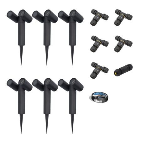 Set van 6 Pinero Dubbel LED prikspot - Kantelbaar - Dimbaar - GU10 - IP65 waterdicht - Zwart - Tuinspot - Pinspot - Inclusief installatiemateriaal (Kabel & connector) | HOFTRONIC