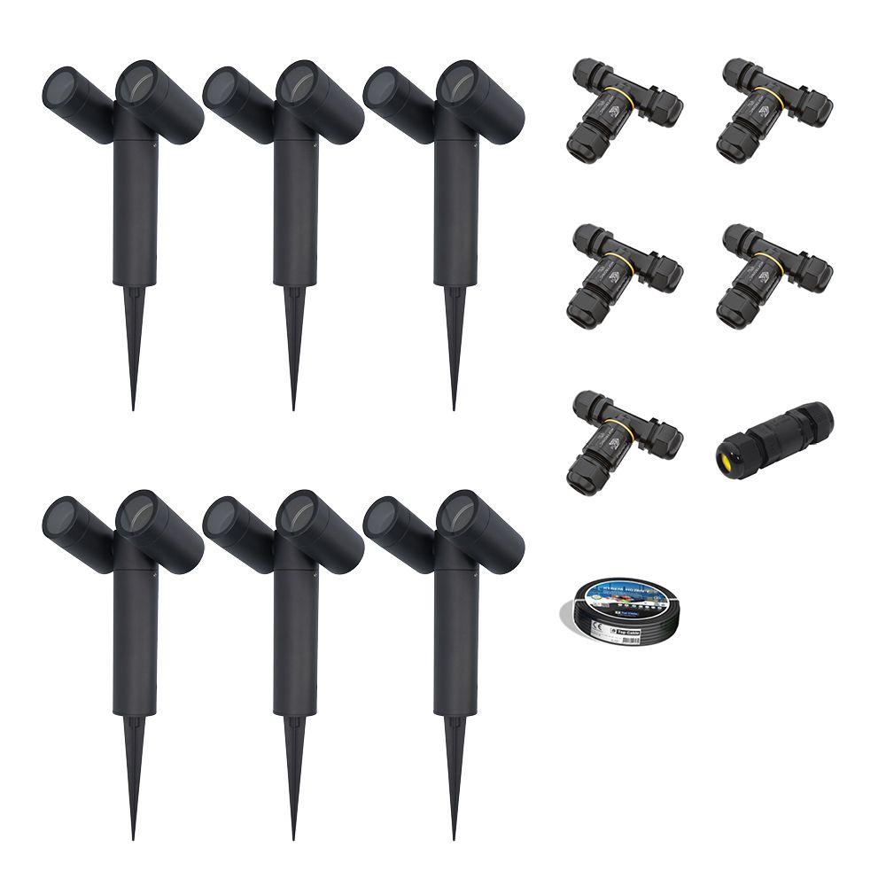 Set van 6 Pinero Dubbel LED prikspot - Kantelbaar - Dimbaar - GU10 - IP65 waterdicht - Zwart - Tuinspot - Pinspot - Inclusief installatiemateriaal (Kabel & connector) | HOFTRONIC